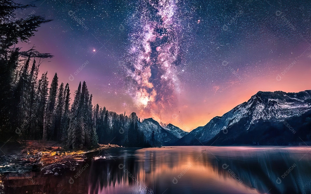 Lago à noite com céu estrelado