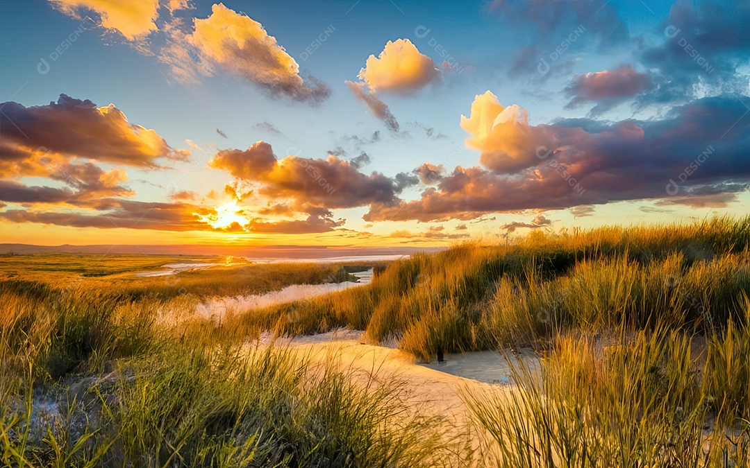 Linda paisagem com pôr do sol com céu nublado