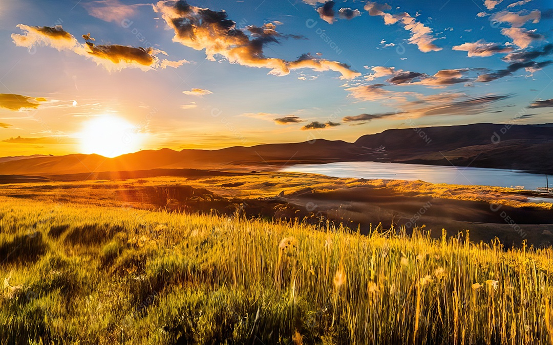 Linda paisagem com pôr do sol com céu nublado
