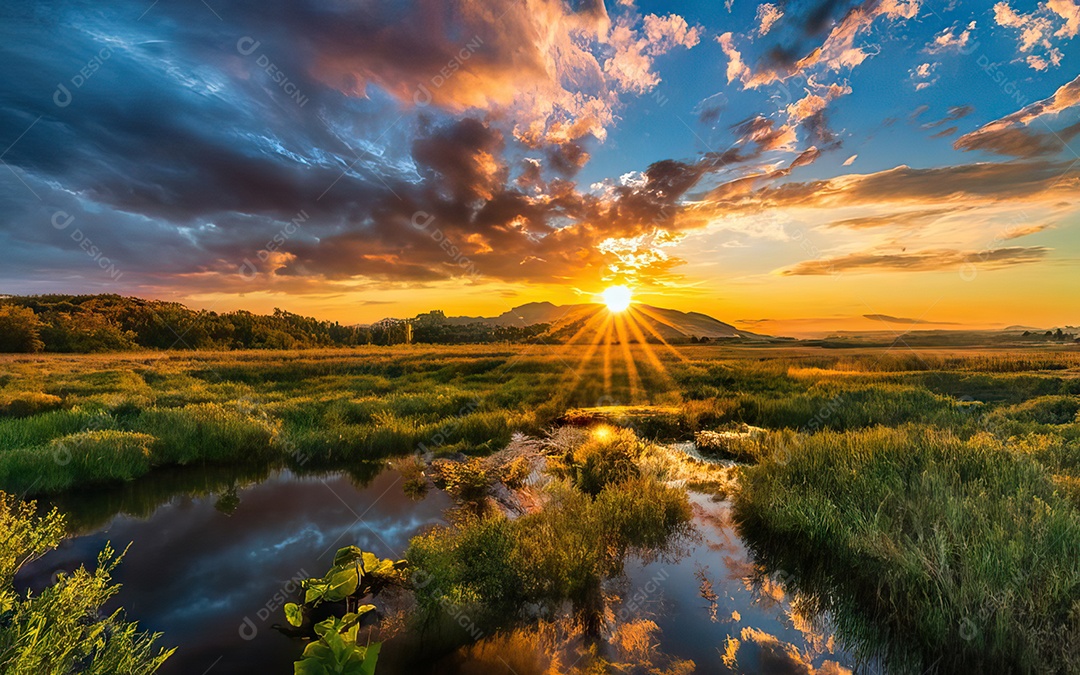 Linda paisagem com pôr do sol com céu nublado