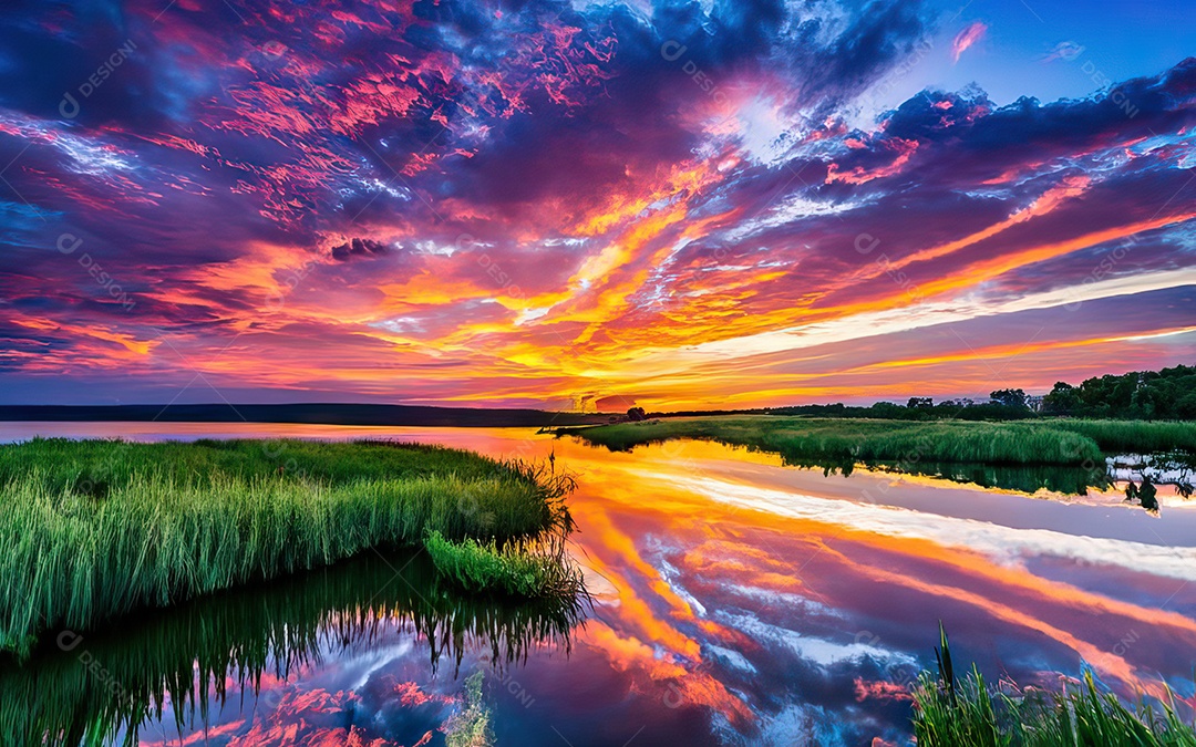 Linda paisagem com pôr do sol com céu nublado