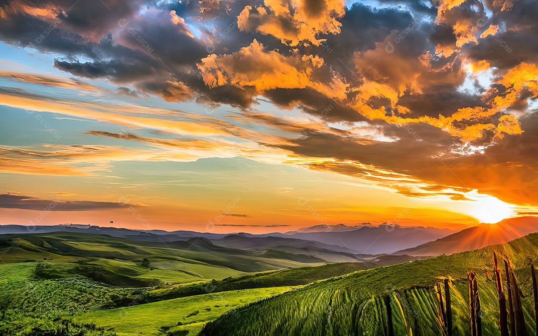 Linda paisagem com pôr do sol com céu nublado