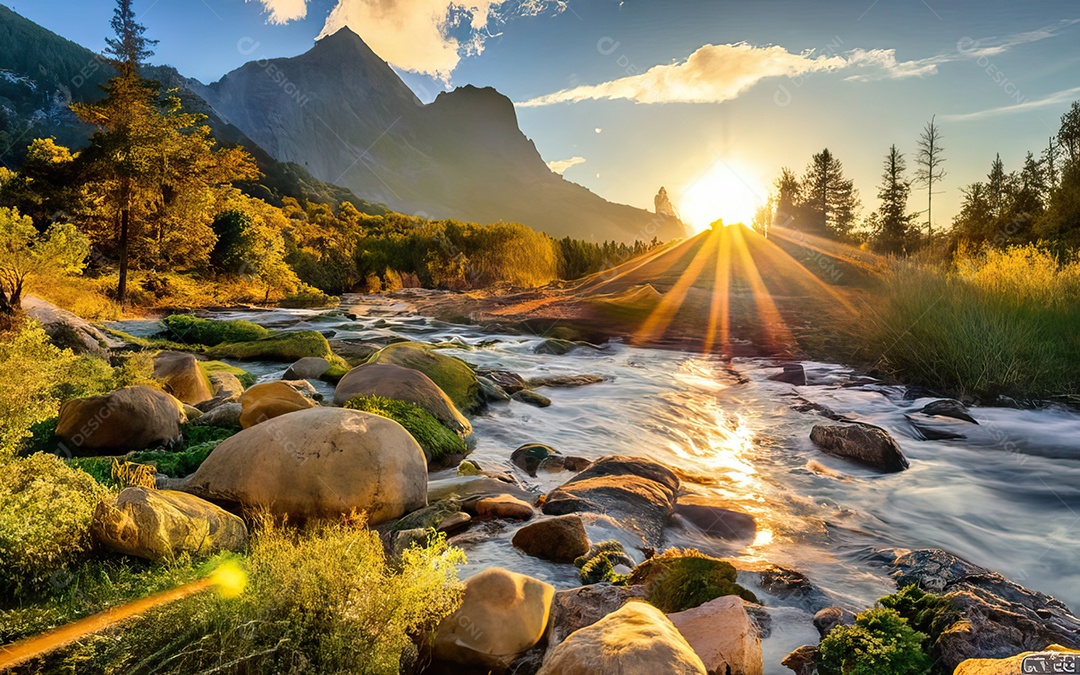 Linda paisagem com pôr do sol com céu nublado