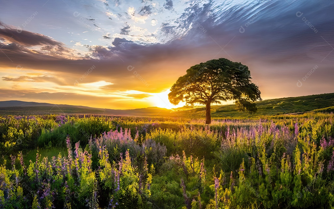 Linda paisagem com pôr do sol com céu nublado