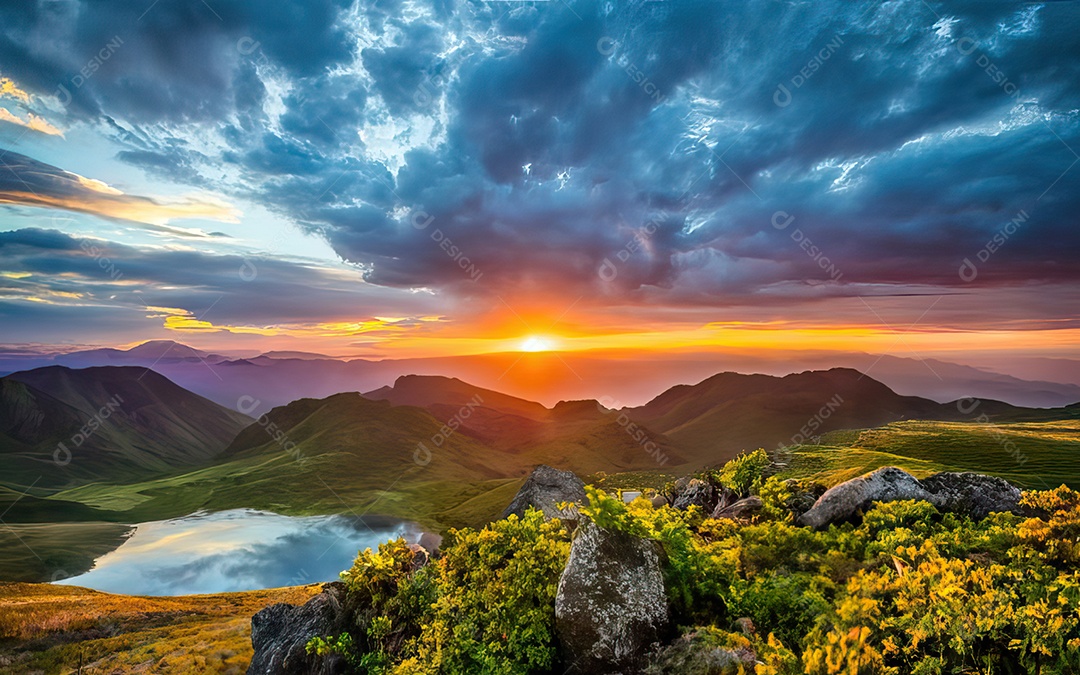 Linda paisagem com pôr do sol com céu nublado