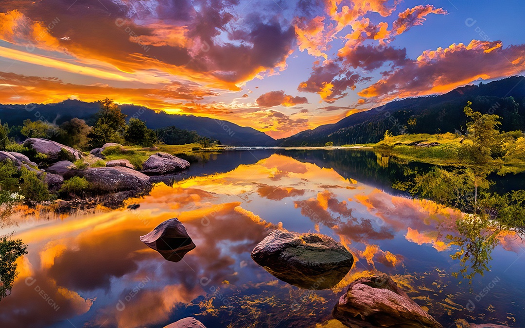 Linda paisagem com pôr do sol com céu nublado