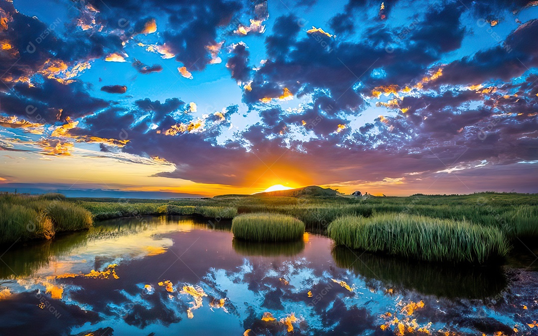 Linda paisagem com pôr do sol com céu nublado