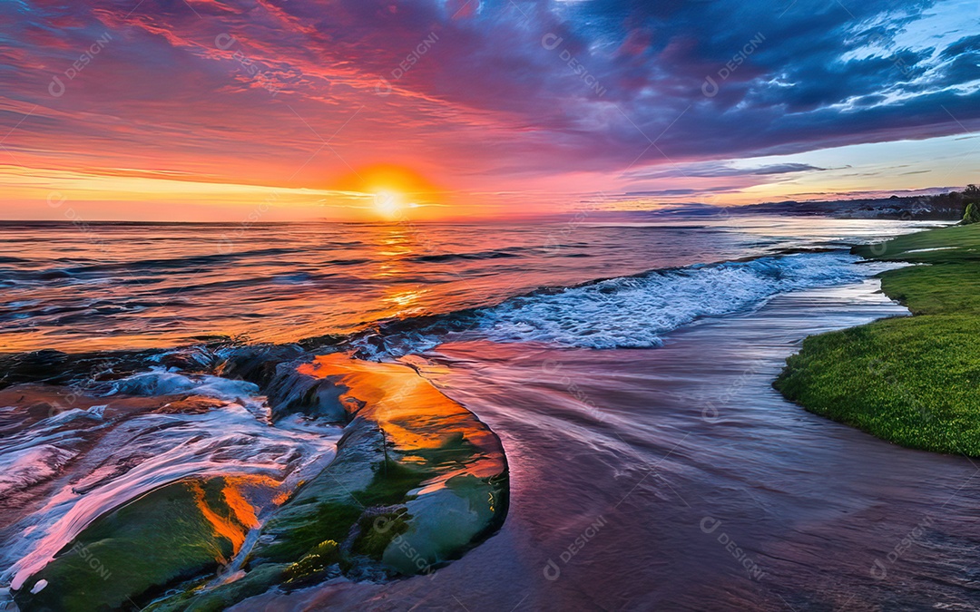 Linda paisagem com pôr do sol com céu nublado