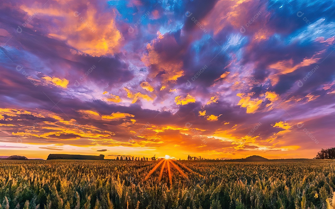 Linda paisagem com pôr do sol com céu nublado