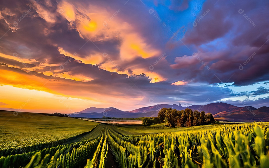 Linda paisagem com pôr do sol com céu nublado