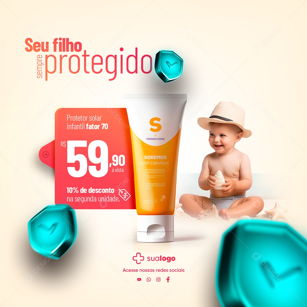 Farmácia Seu Filho Sempre Protegido Protetor Solar Infantil Fator 70 Social Media  PSD Editável