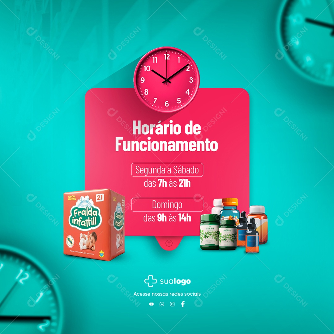 Farmácia Horário de Funcionamento Medicamentos Remédios Social Media PSD Editável