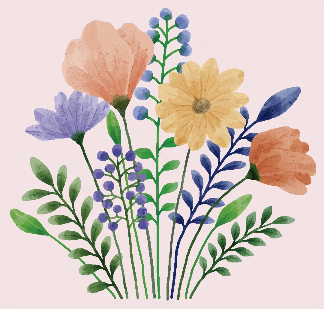 Conjunto de Flores em Aquarelas Ilustrações Vetor EPS
