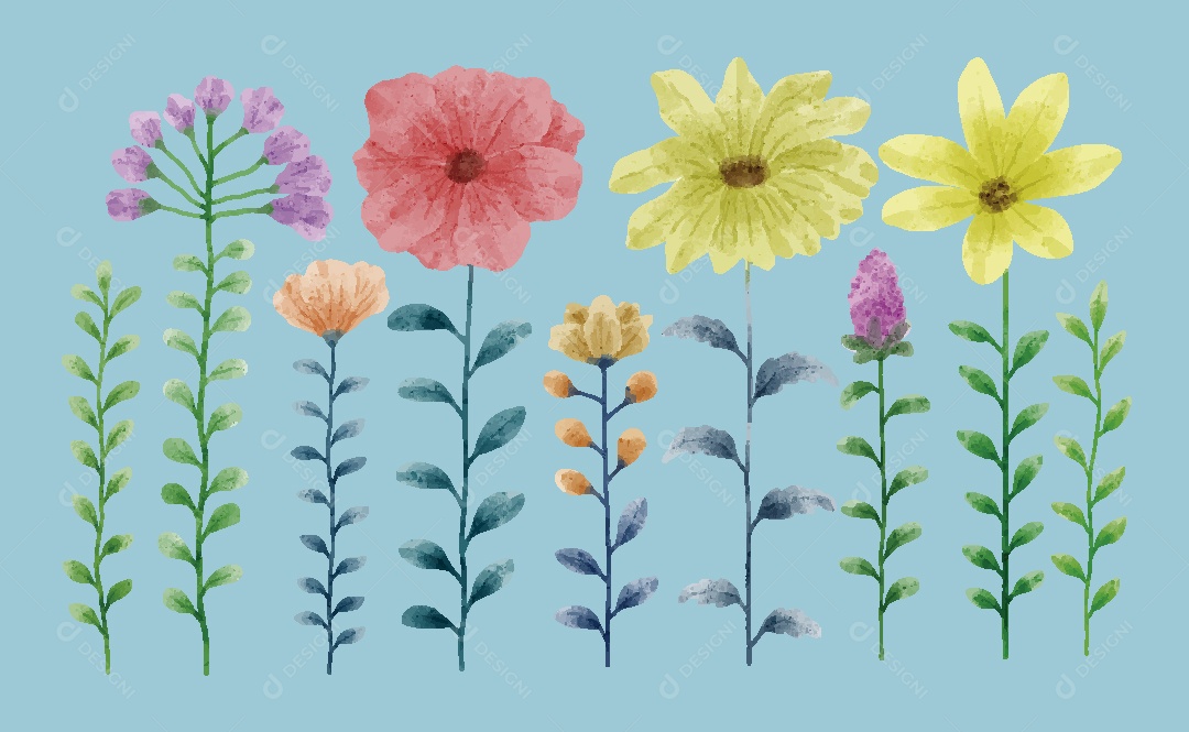Conjunto de Flores em Aquarelas Ilustrações Vetor EPS