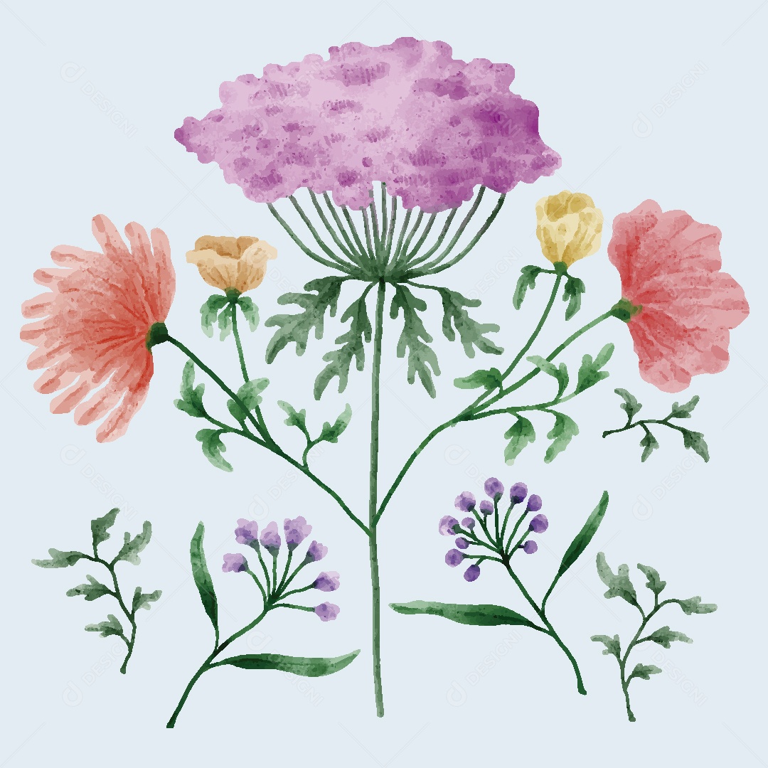 Conjunto de Flores em Aquarelas Ilustrações Vetor EPS