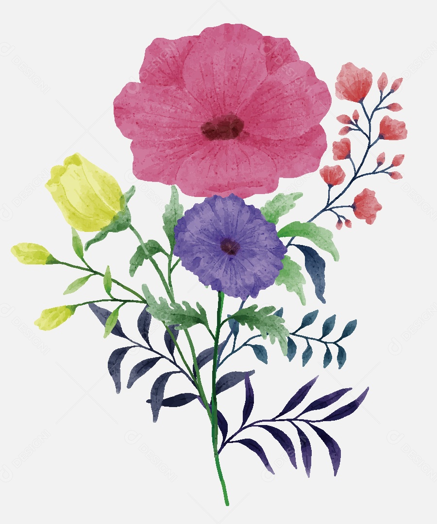 Conjunto de Flores em Aquarelas Ilustrações Vetor EPS
