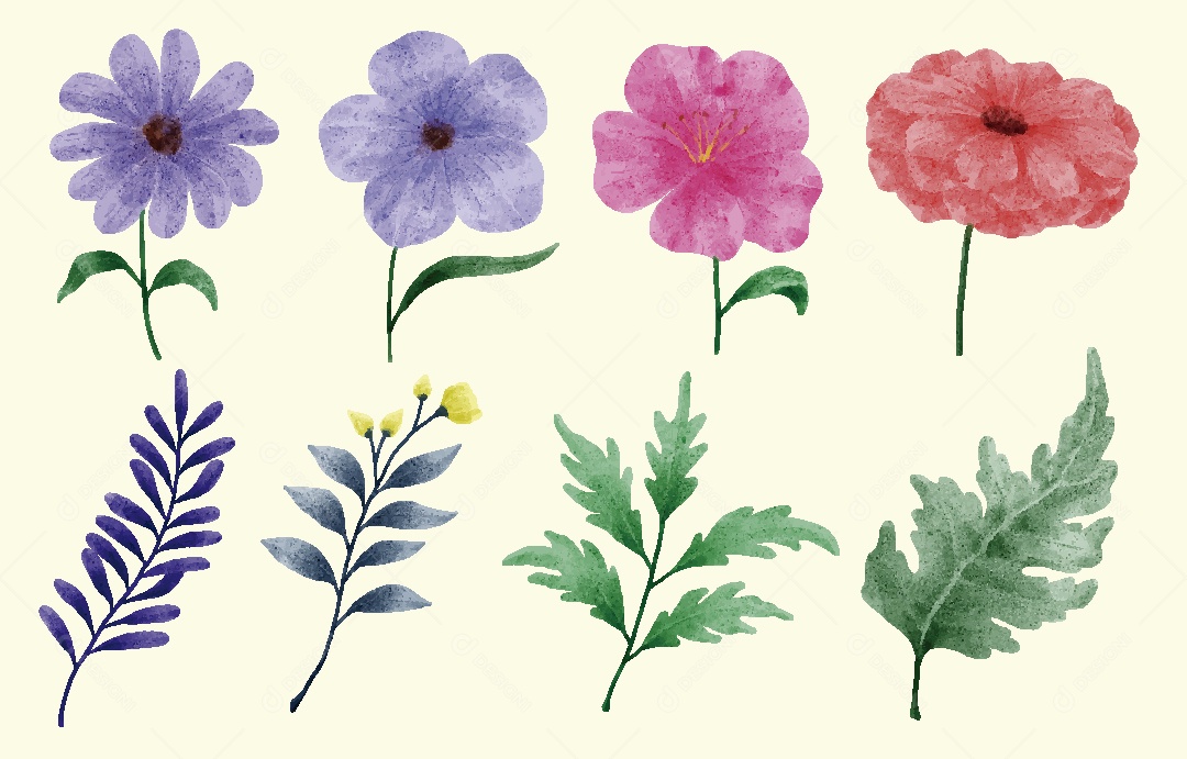 Conjunto de Flores em Aquarelas Ilustrações Vetor EPS