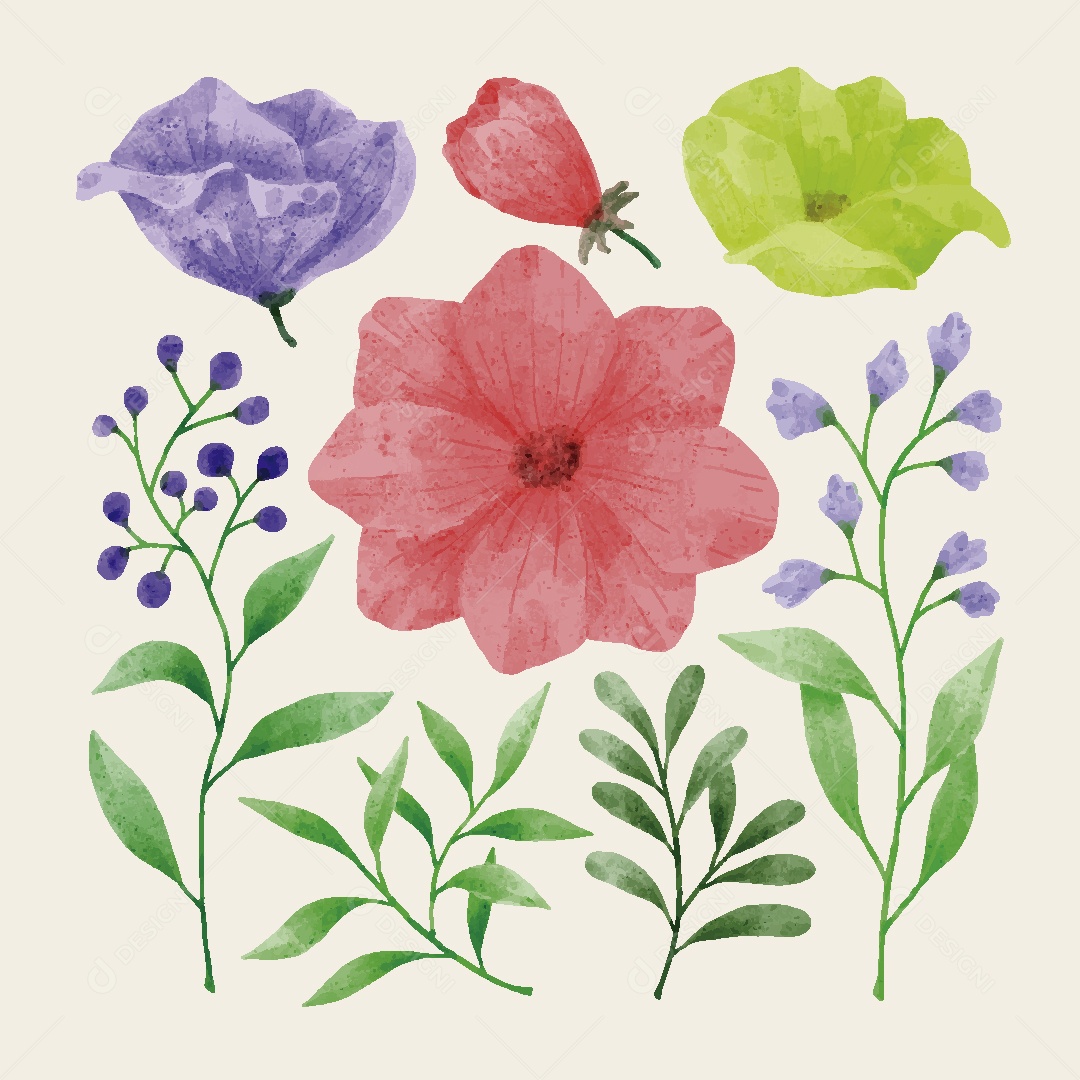 Conjunto de Flores em Aquarelas Ilustrações Vetor EPS