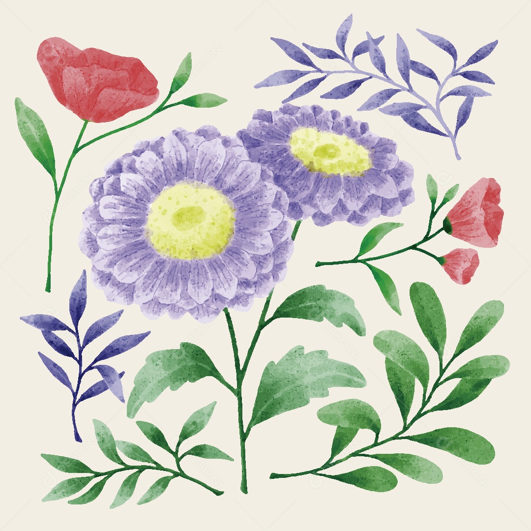 Conjunto de Flores em Aquarelas Ilustrações Vetor EPS