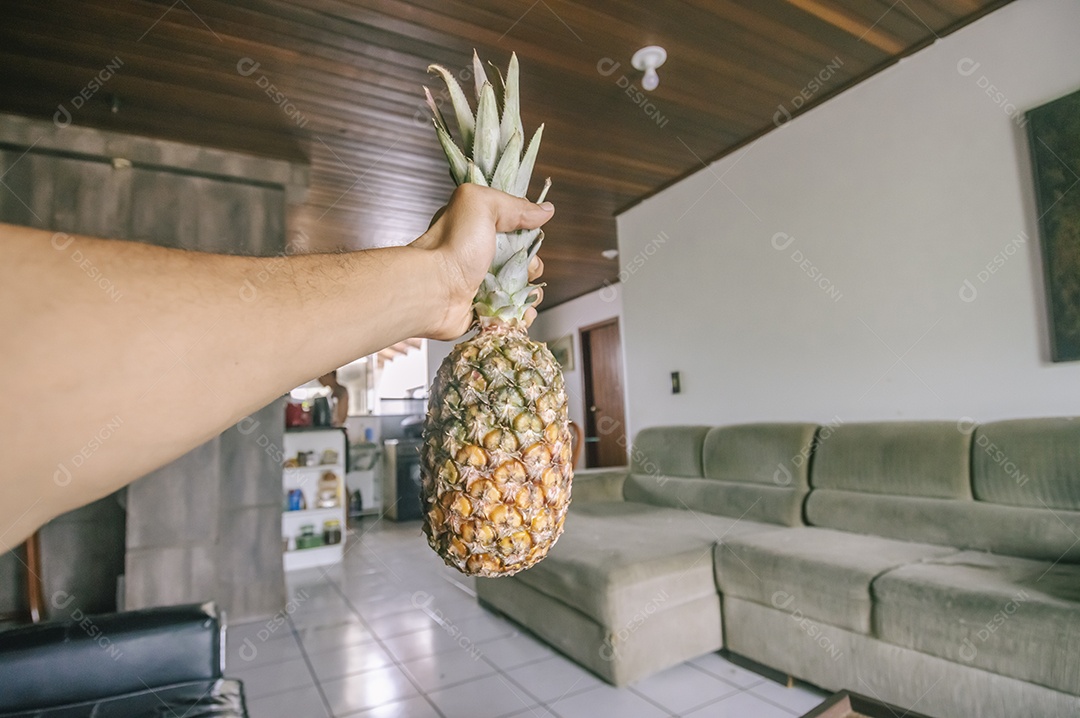 Abacaxi inteiro com parte desfocada, imagem de vista superior com luz natural.