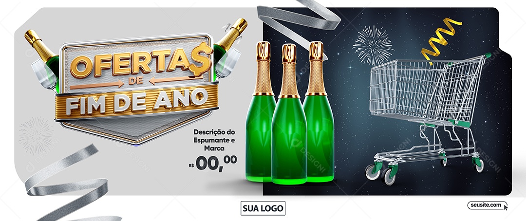 Banner Supermercado Ofertas De Fim de Ano Champagne Carrinho de Compras Social Media PSD Editável
