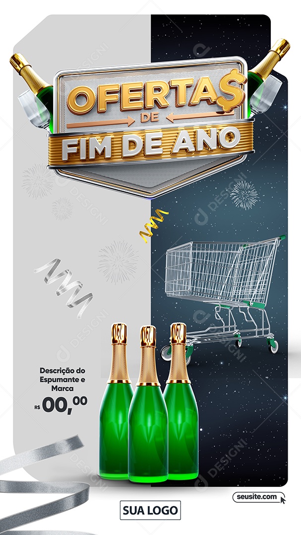 Story Supermercado Ofertas De Fim de Ano Champagne Carrinho de Compras Social Media PSD Editável