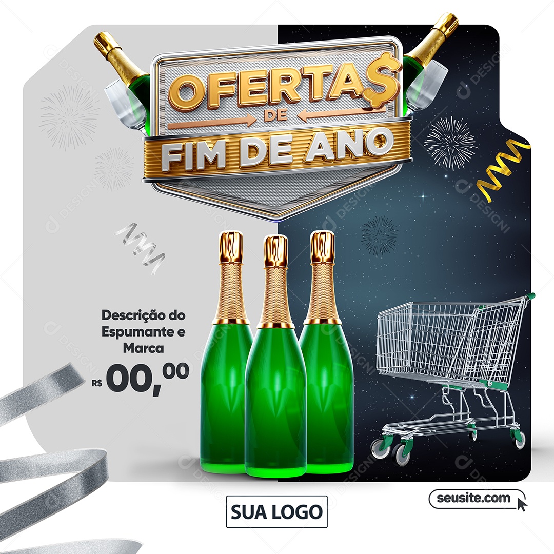 Supermercado Ofertas De Fim de Ano Champagne Carrinho de Compras Social Media PSD Editável