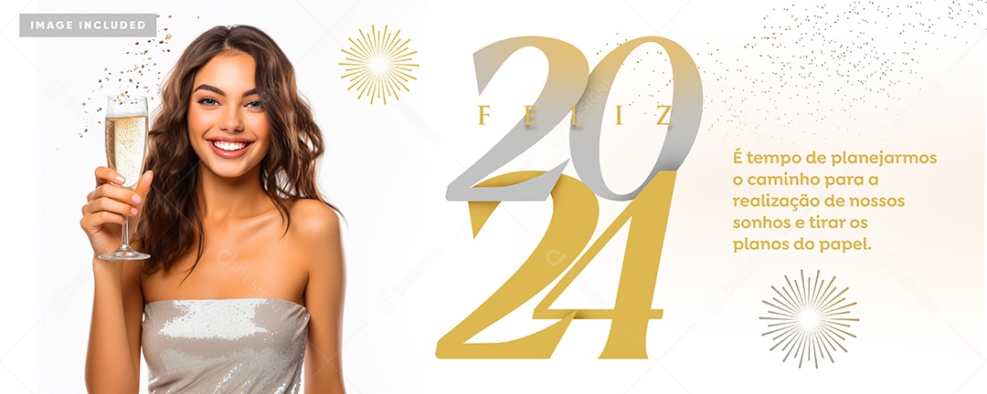 Banner Feliz 2024 Ano Novo É Tempo de Planejarmos o Caminho para a Realização de nossos Sonhos Social Media PSD Editável