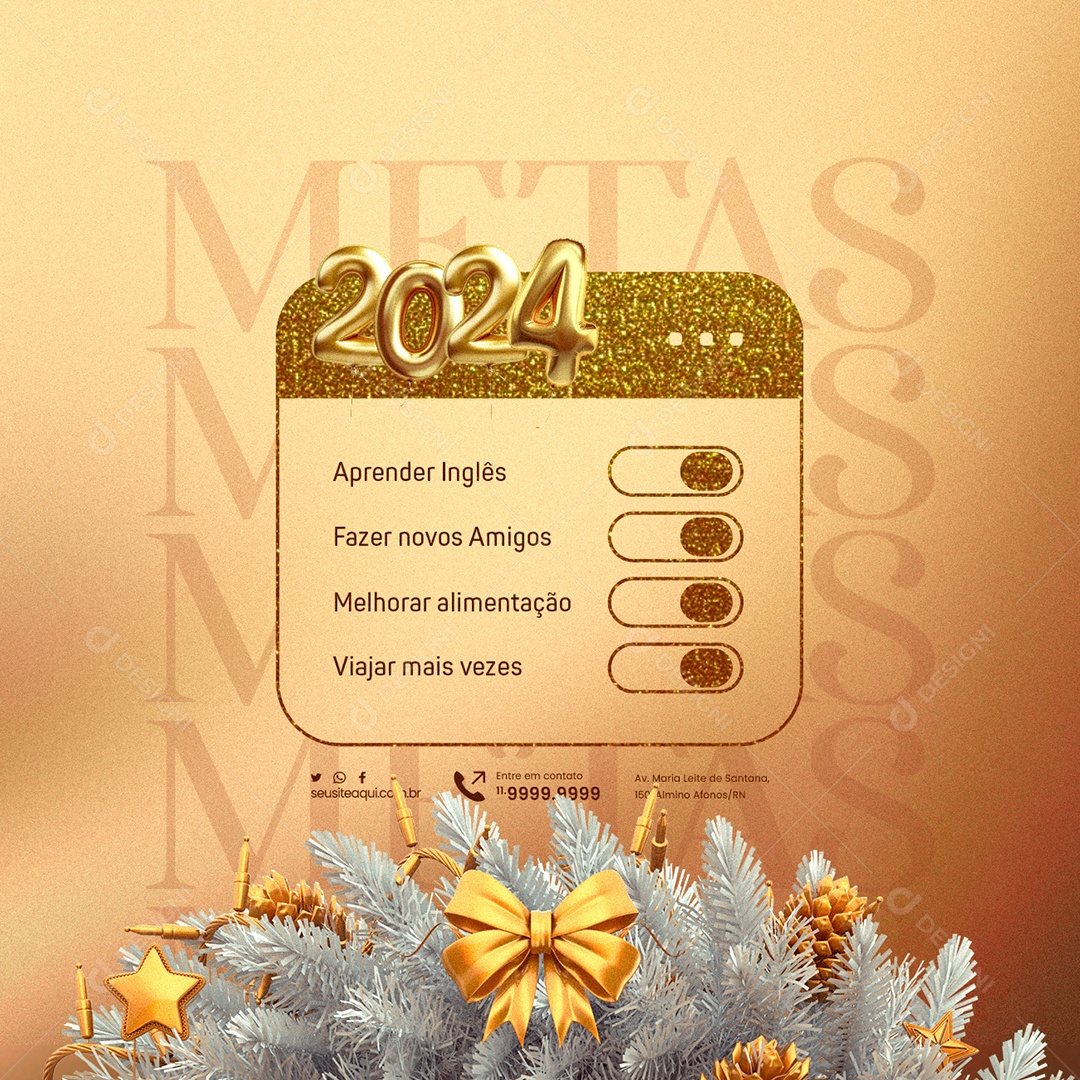 Metas 2024 Aprender Inglês Fazer novos Amigos Melhorar Alimentação Viajar mais Vezes Social Media PSD Editável