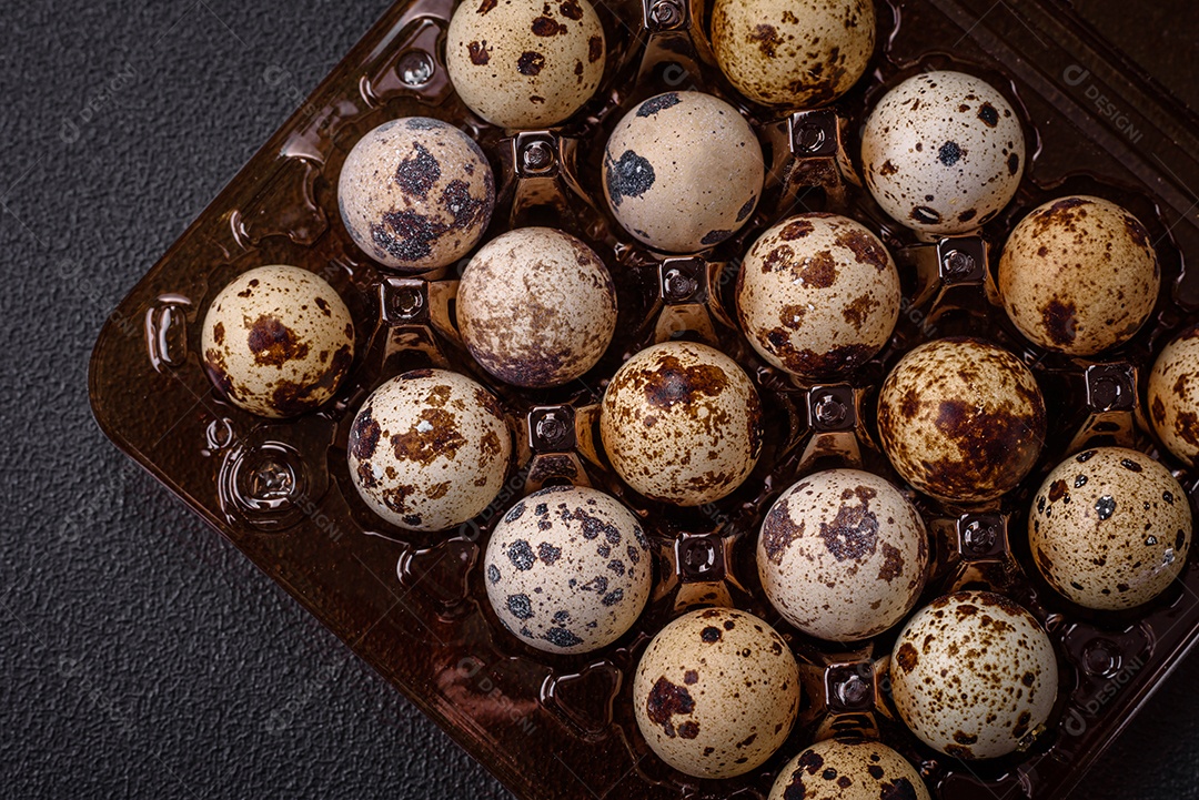Ovos de codorna crus em uma caixa de plástico sobre um fundo escuro de concreto.