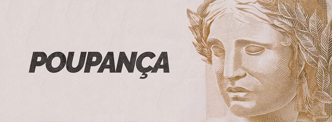 Conta poupança e efígie da república estouram em dinheiro brasileiro sobre fundo branco