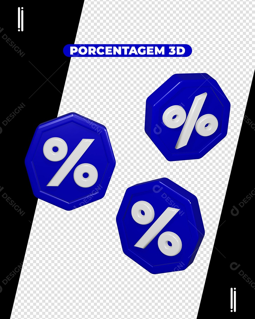 Símbolo Porcentagem Elemento 3D Azul Branco para Composição PSD