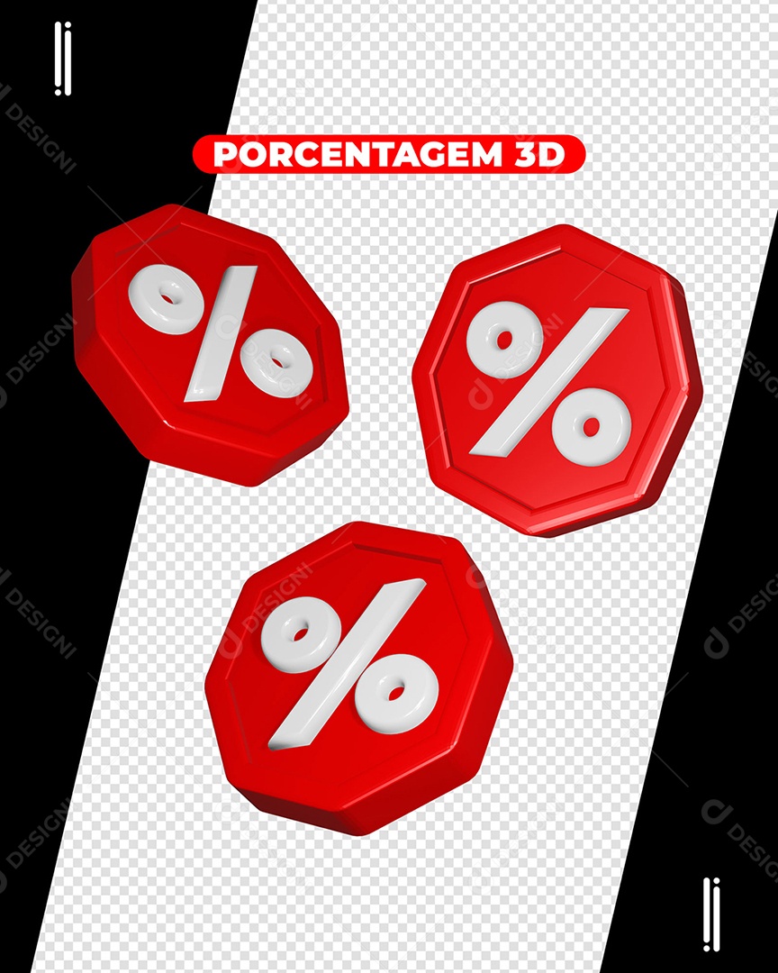 Símbolo Porcentagem Elemento 3D Vermelho Branco para Composição PSD