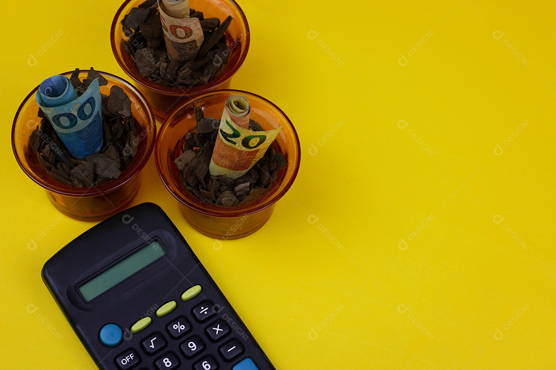 Dinheiro Brasileiro plantado em pote ou vaze e Calculadora sobre fundo amarelo