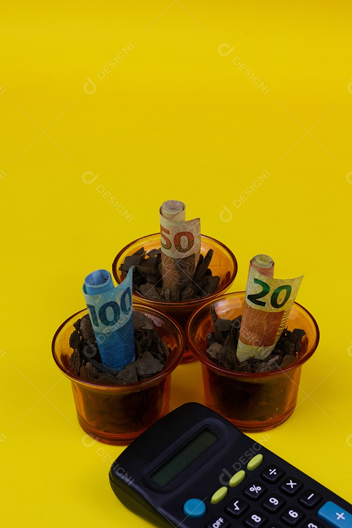 Dinheiro Brasileiro plantado em pote ou vaze e Calculadora sobre fundo amarelo