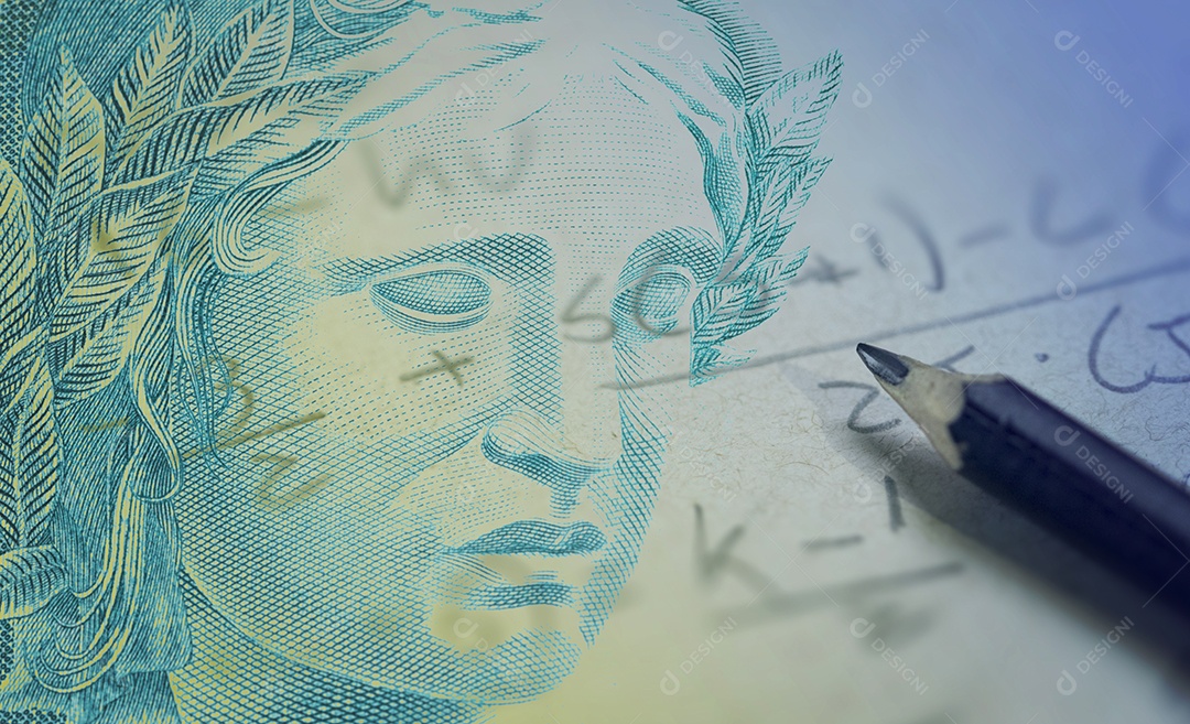 Negócio de conceito de economia brasileira com dinheiro calculadora efígie da república e caneta gráfico Notas bancárias Brasil