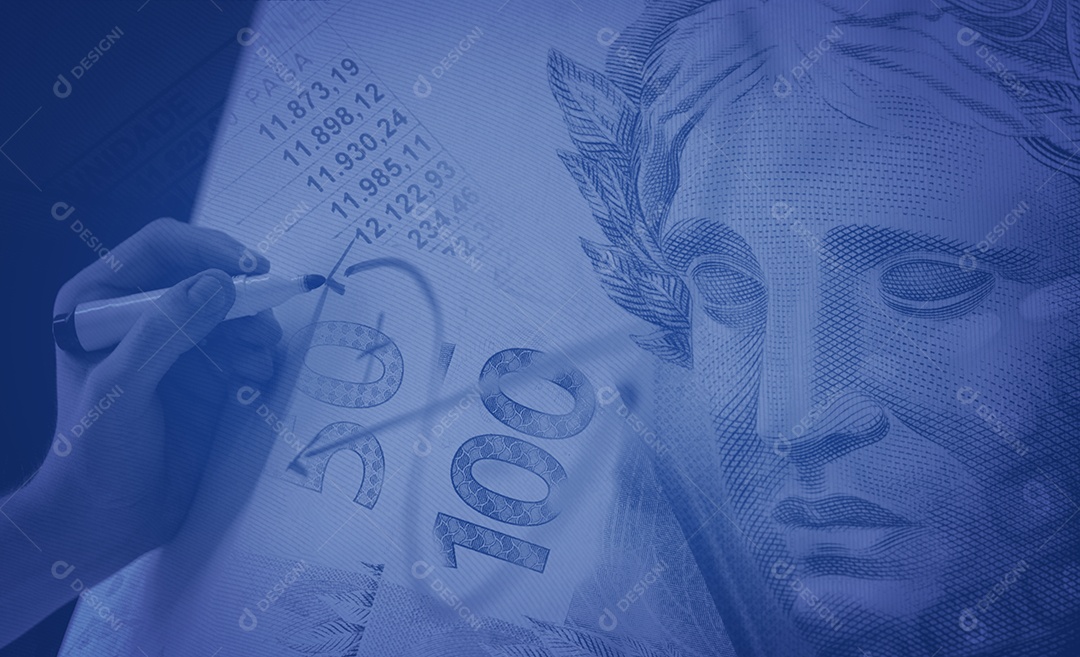 Negócio de conceito de economia brasileira com dinheiro calculadora efígie da república e caneta gráfico Notas bancárias Brasil