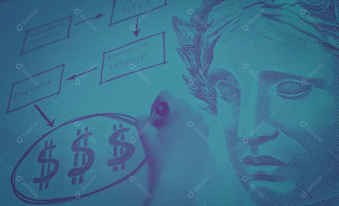 Negócio de conceito de economia brasileira com dinheiro calculadora efígie da república e caneta gráfico Notas bancárias Brasil