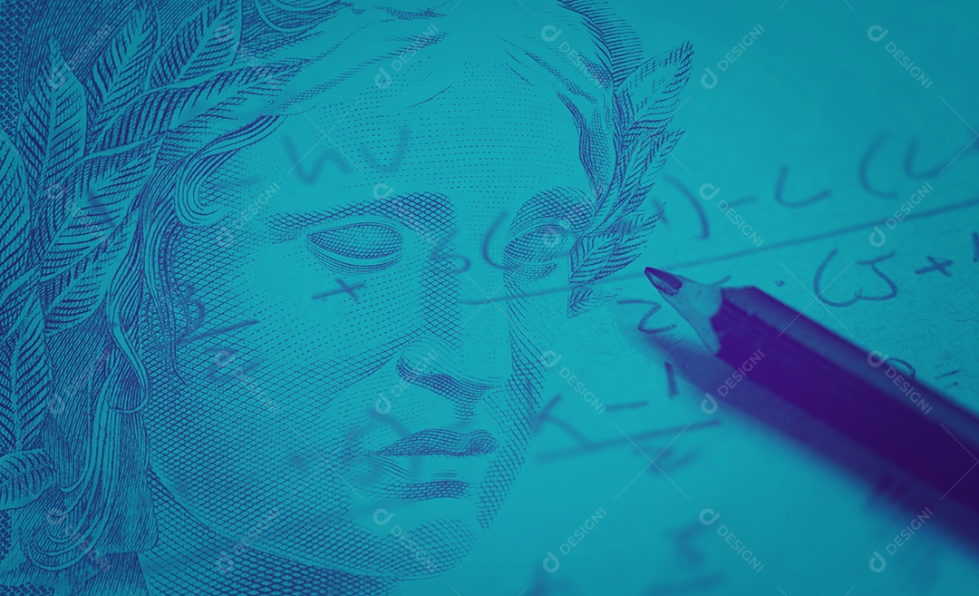 Negócio de conceito de economia brasileira com dinheiro calculadora efígie da república e caneta gráfico Notas bancárias Brasil