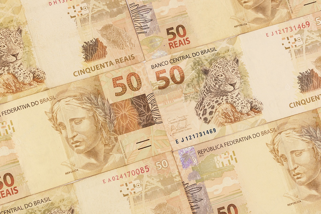 Fundo de dinheiro brasileiro. Contas chamadas de Real. Economia do Brasi