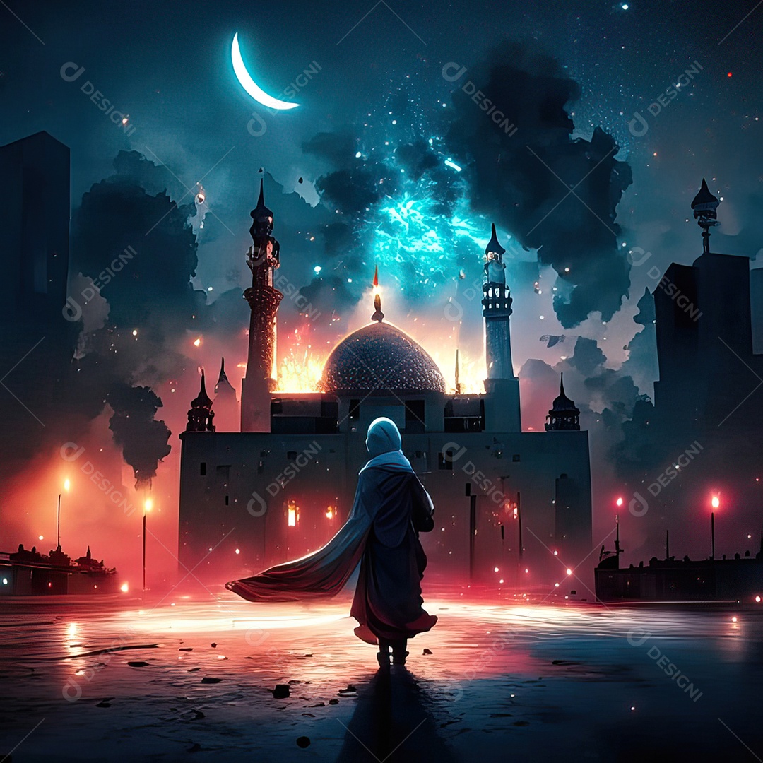 Retrato homem caminhando sobre cidade destruída