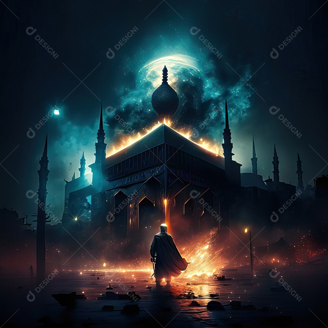 Retrato homem caminhando sobre cidade destruída