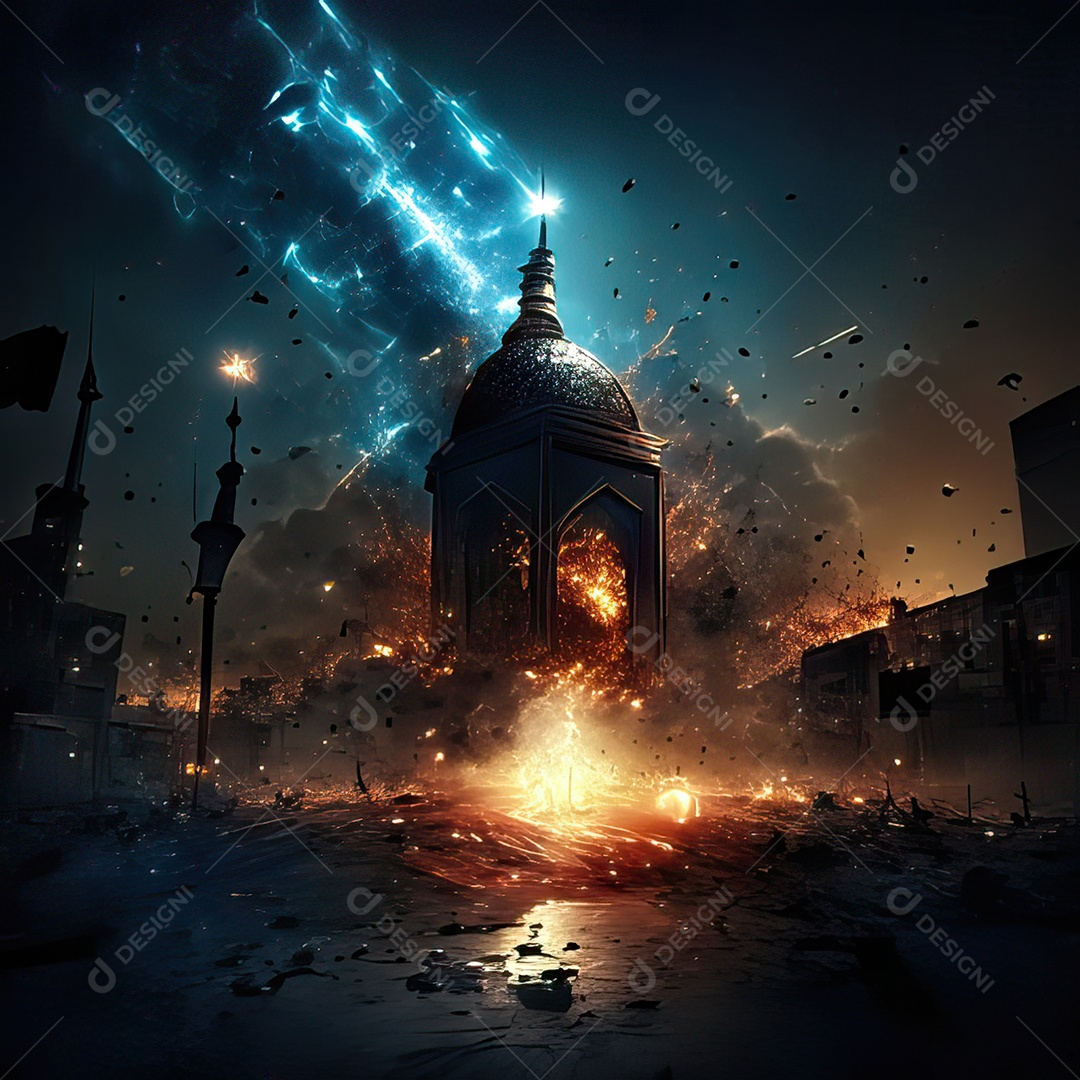 Retrato homem caminhando sobre cidade destruída