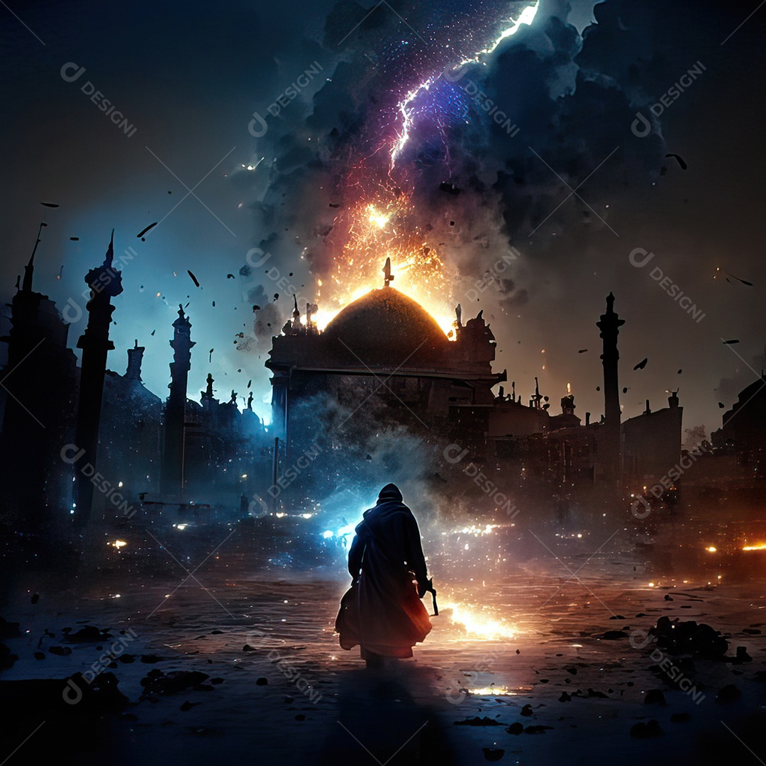 Retrato homem caminhando sobre cidade destruída