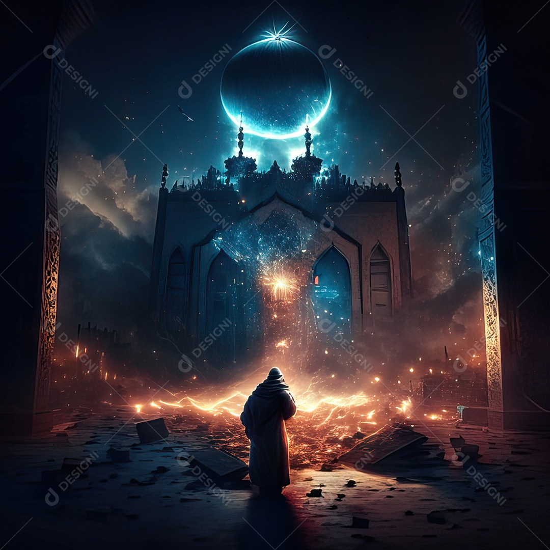 Retrato homem caminhando sobre cidade destruída