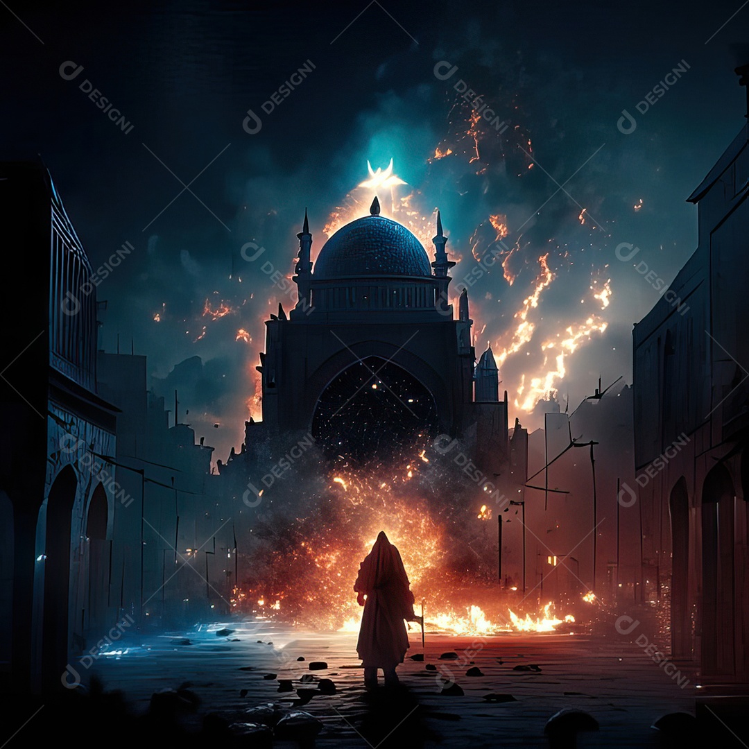 Retrato homem caminhando sobre cidade destruída