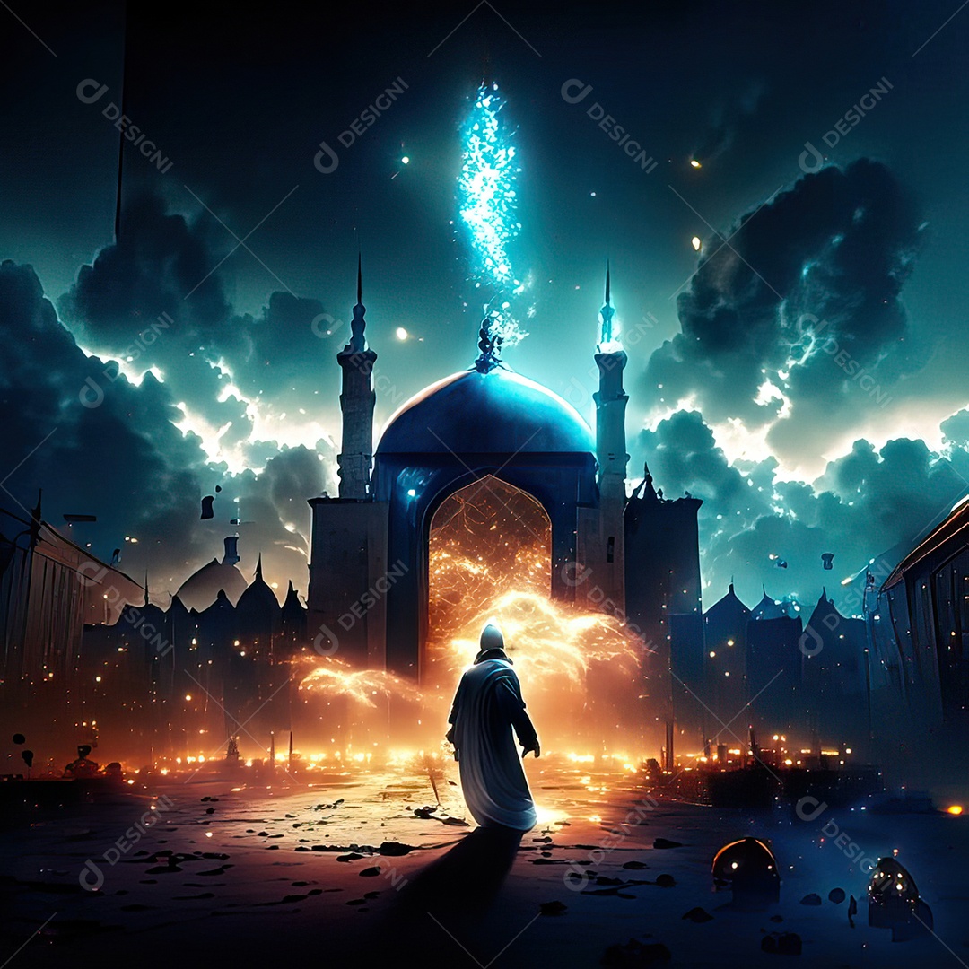 Retrato homem caminhando sobre cidade destruída