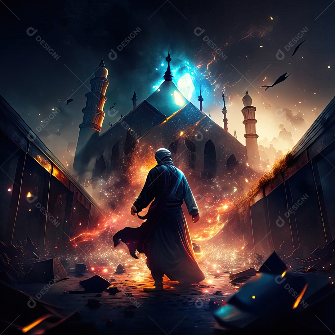 Retrato homem caminhando sobre cidade destruída