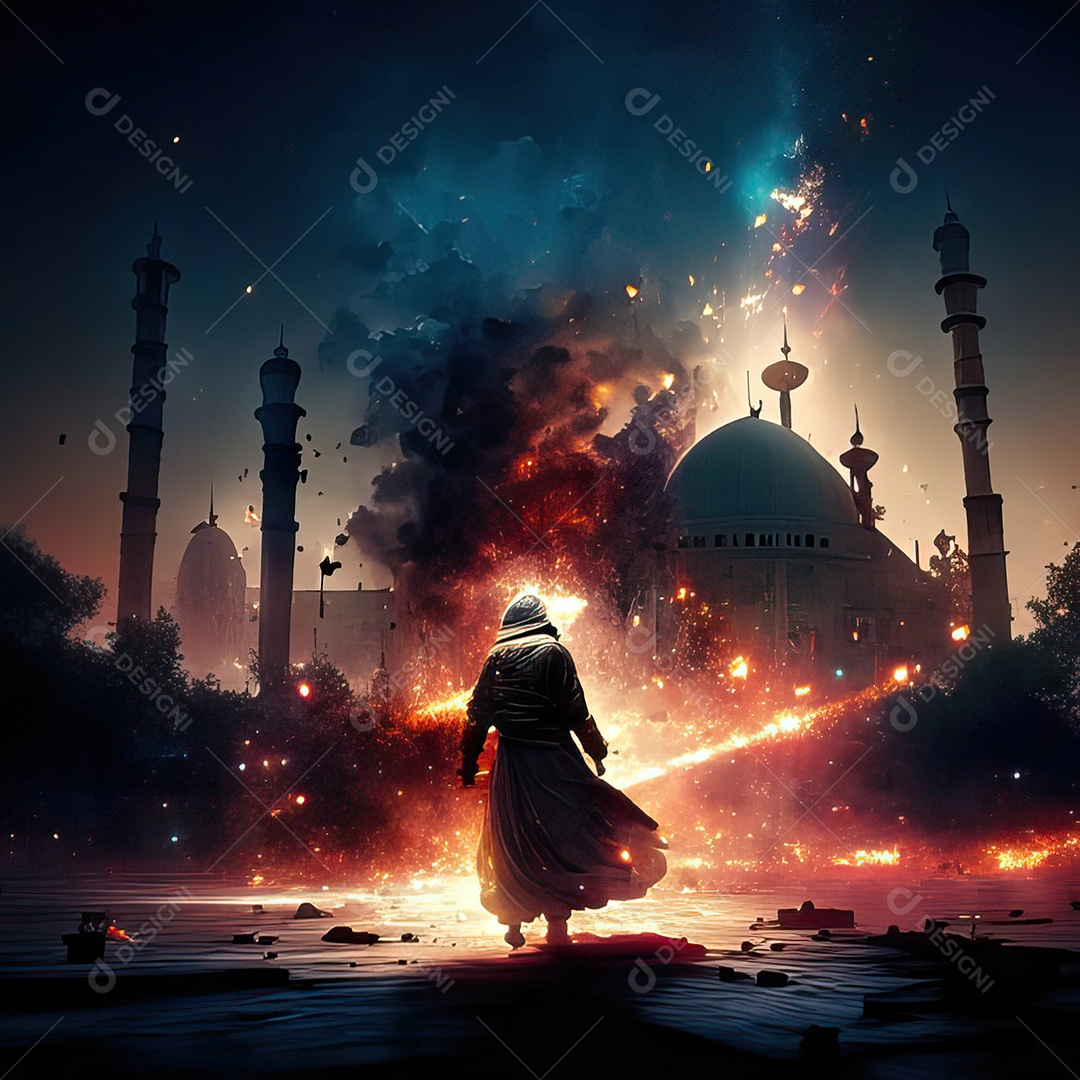 Retrato homem caminhando sobre cidade destruída