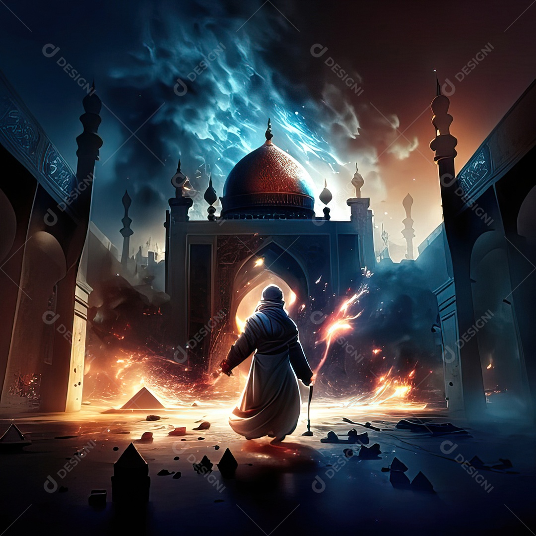 Retrato homem caminhando sobre cidade destruída